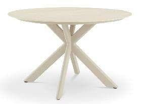 A light-colored, round outdoor dining table with a unique, crisscrossing base made of four sturdy legs.