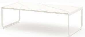 A close-up image of a white marble-like surface with prominent grey veining, presented as three vertical panels.