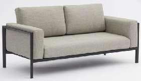 A modern three-seater sofa with a light beige fabric and a dark metal frame.