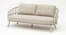 A light grey outdoor armchair with a woven rope back and arms, a matching cushion, and white metal legs is shown against a plain white background.