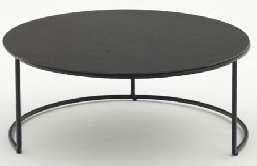 A round coffee table with a black marble-look top and a black metal frame, featuring four legs and a circular base.