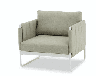 A modern outdoor ottoman with a dark gray fabric cushion and a black metal frame is shown against a white background.