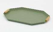 A rectangular serving tray with slightly angled sides and wooden handles on a white background.