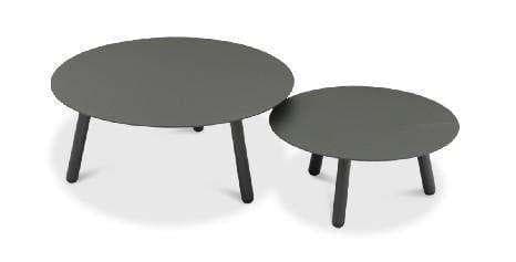A modern outdoor ottoman with a grey upholstered cushion and dark grey legs is presented on a white background.