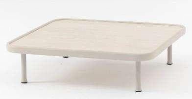 A rectangular outdoor coffee table with a light brown slatted wooden top and a light grey frame with four short legs.