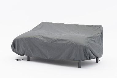 A light-colored, curved outdoor sofa with three seat cushions and a low backrest is shown against a plain white background.