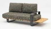 A low, rectangular coffee table with a light brown, textured top and dark grey, U-shaped legs.