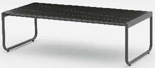 A white rectangular outdoor coffee table with a slatted top and U-shaped legs is shown against a white background.