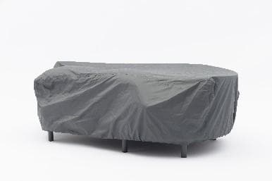 A gray outdoor furniture cover is draped over a two-seater sofa, protecting it from the elements.