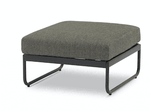 A modern outdoor armchair with a white metal frame and light grey woven sides, featuring matching light grey seat and back cushions.