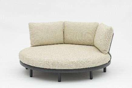 A round, dark gray, textured outdoor fire pit with short legs is shown on a white background, with a black electrical cord extending from its side.
