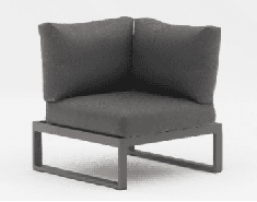 A light gray outdoor armless chair with a matching back cushion and seat cushion, set on a dark gray metal frame.