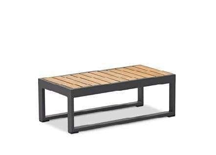 A modern outdoor sofa with a black metal frame and three grey upholstered cushions for the seat and back.