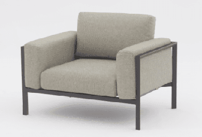 A modern outdoor armless chair with a dark gray metal frame and light beige upholstered cushions for the seat and back.