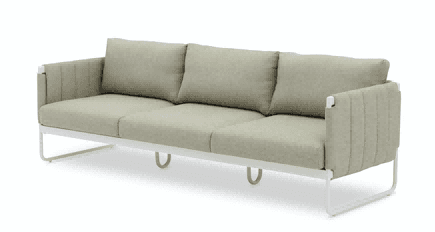 A light grey upholstered armchair with a white metal frame is shown on a white background.