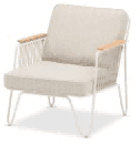 A light-colored outdoor armchair with a metal frame, woven side panels, and wooden armrests, featuring thick, comfortable cushions.