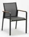 A dark grey outdoor dining chair with a mesh seat and back, and armrests, stands against a plain white background.