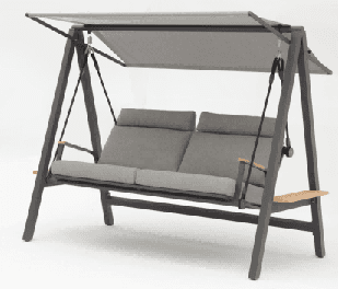 A modern outdoor armchair with a dark grey metal frame, light brown wooden armrests, and thick grey cushions on the seat and back.