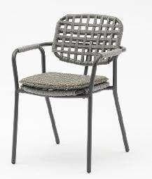 A light grey woven outdoor armchair with a white metal frame is shown against a plain white background.