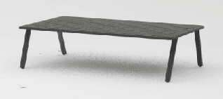 A modern outdoor two-seater sofa with a dark grey frame, light grey cushions, and wooden armrest accents.