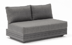 A square, low-profile outdoor coffee table with a slatted wooden top and a dark, possibly metal, base.
