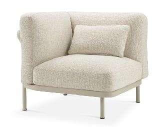 A single-seater armchair with a textured light beige fabric and a dark metal frame, featuring a small rectangular back cushion.