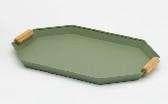 A rectangular serving tray with a reddish-brown finish and light wooden handles on a white background.