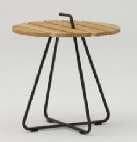 A dark grey round side table with a tray-like top and three metal legs that cross at the bottom.