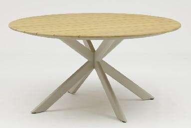 A round dining table with a light-colored slatted top and a crisscross base with four legs.