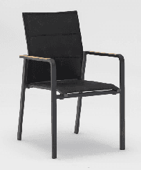 A light grey outdoor dining chair with a mesh back and seat, and white aluminum frame and armrests, is shown against a plain white background.