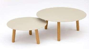 A rectangular outdoor dining table with a white top and light brown wooden frame and legs is shown against a white background.