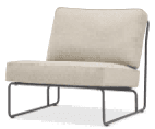 A modern outdoor armchair with a white metal frame, woven rope detailing on the sides, light-colored cushions, and wooden armrests.