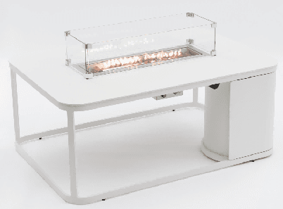 A square dark grey outdoor side table with a central glass-enclosed fire pit and a cylindrical base on one side.