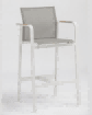 A modern bar stool with a white frame, light grey mesh seat and back, and light wood armrests is shown against a plain background.