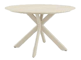 A round dining table with a light-colored top and a unique, intersecting four-legged base.
