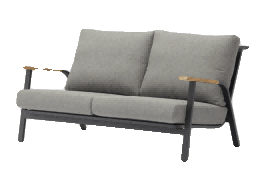 A modern outdoor two-seater sofa with a dark grey frame, light grey cushions, and wooden armrest accents.