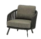 A modern outdoor armchair with a dark woven frame and comfortable grey cushions is presented against a plain white background.