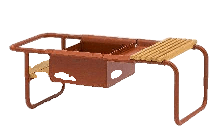 A modern, minimalist outdoor coffee table with a rust-colored metal frame, a central rectangular planter box, and two light wood slatted surfaces on either side.
