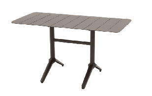 A rectangular outdoor dining table with a slatted brown tabletop and two brown H-shaped legs on a white background.