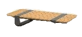 A low, rectangular coffee table with a light brown, textured top and dark grey, U-shaped legs.
