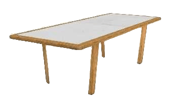 A rectangular outdoor dining table with a white top and light brown wooden frame and legs is shown against a white background.
