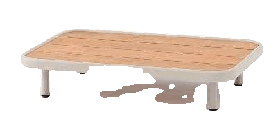 A rectangular outdoor coffee table with a light brown slatted wooden top and a light grey frame with four short legs.