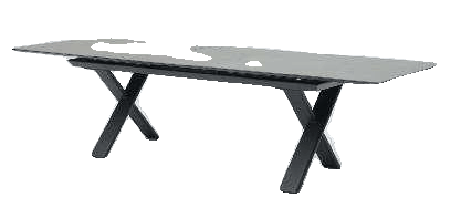 A long, rectangular dining table with a dark grey top and two black X-shaped bases.