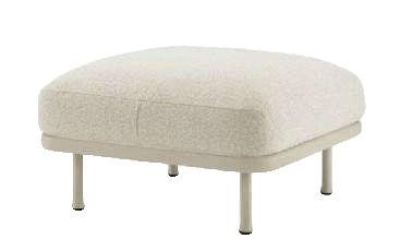 A light-colored, rectangular outdoor ottoman with a textured cushion and a simple, light-toned metal frame with four legs.