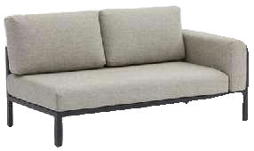 A modern outdoor two-seater sofa with light grey cushions and a dark metal frame, featuring an armrest on the right side.