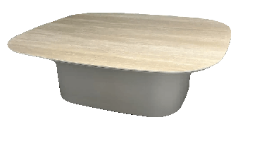 A modern, rectangular coffee table with rounded corners and a light-colored, wood-grain top sits on a light gray base.
