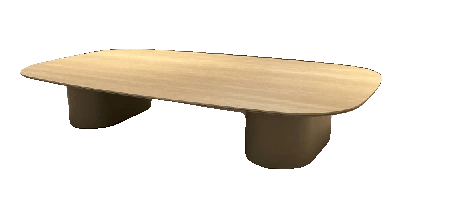A light-colored, rectangular coffee table with rounded corners and two thick, rounded legs is positioned in front of a beige sofa.