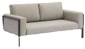 A two-seater outdoor sofa with light grey cushions and a dark grey metal frame is shown from a slightly elevated front angle.