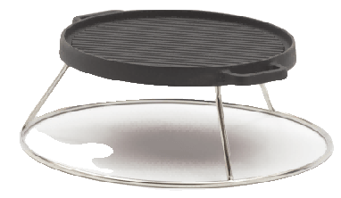 A black cast iron grill plate with a ridged surface sits on a silver metal stand with three legs and a circular base.