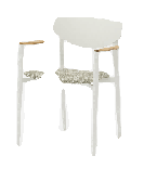 A white outdoor dining chair with a curved backrest, wooden armrests, and a woven seat cushion is presented against a plain white background.